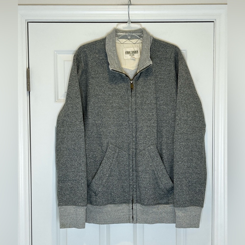 Eddie Bauer Men's Gray Full Zip-Up Sweater Size XL Elbow Patch